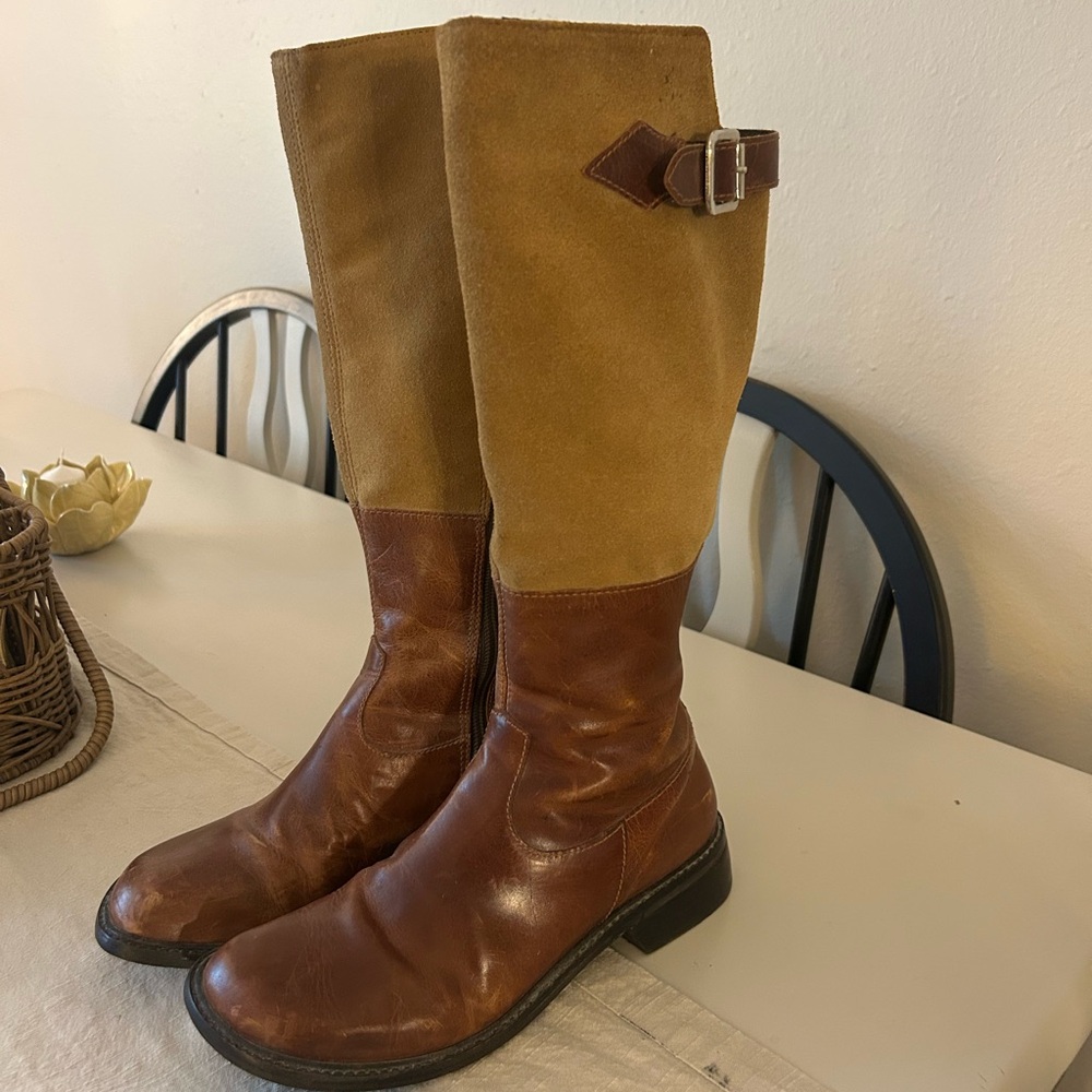 Brown and Tan Knee-High Boots with Buckle